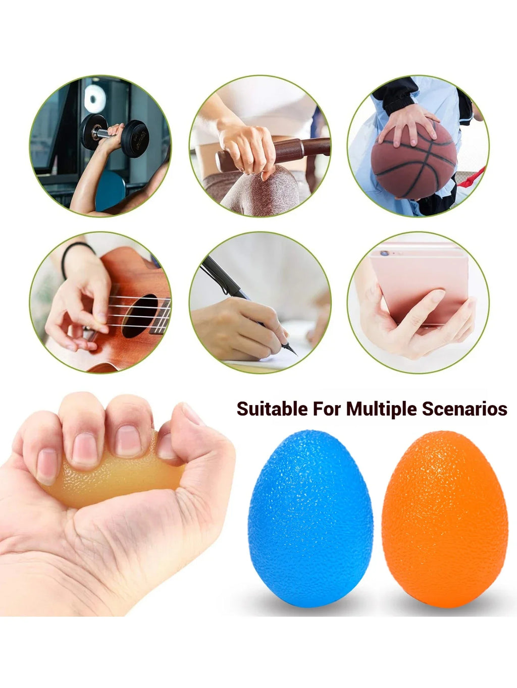 Hands demonstrating finger exercise with blue and orange textured egg grip balls.