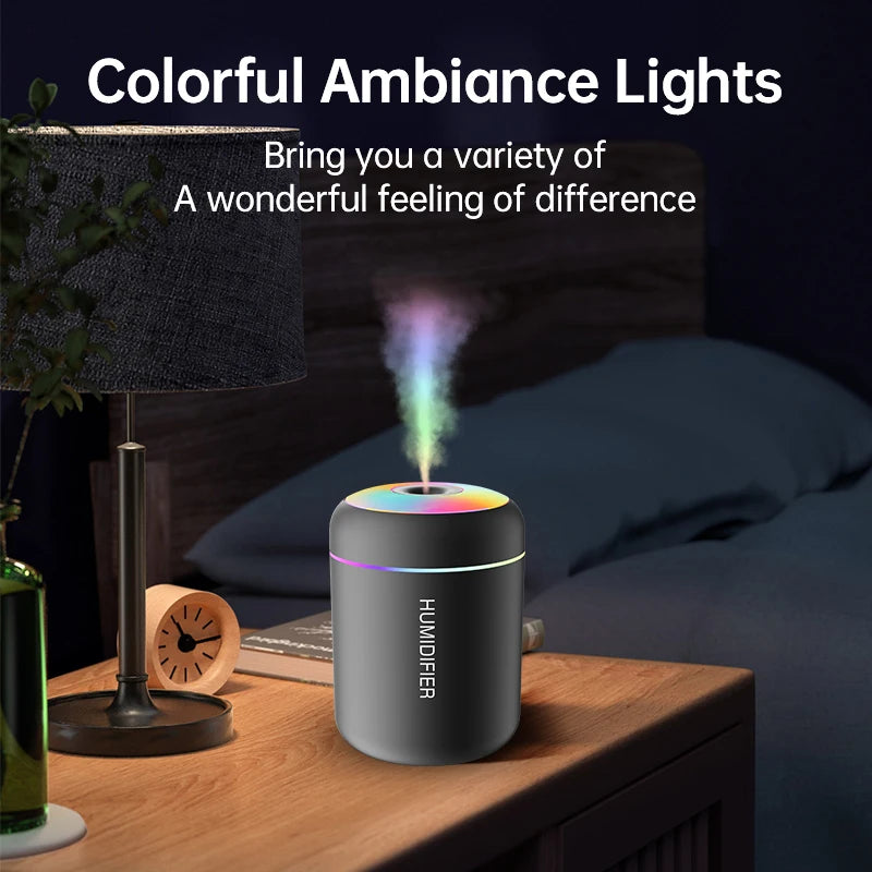 Mini air humidifier with RGB lights, compact USB aroma diffuser and mist