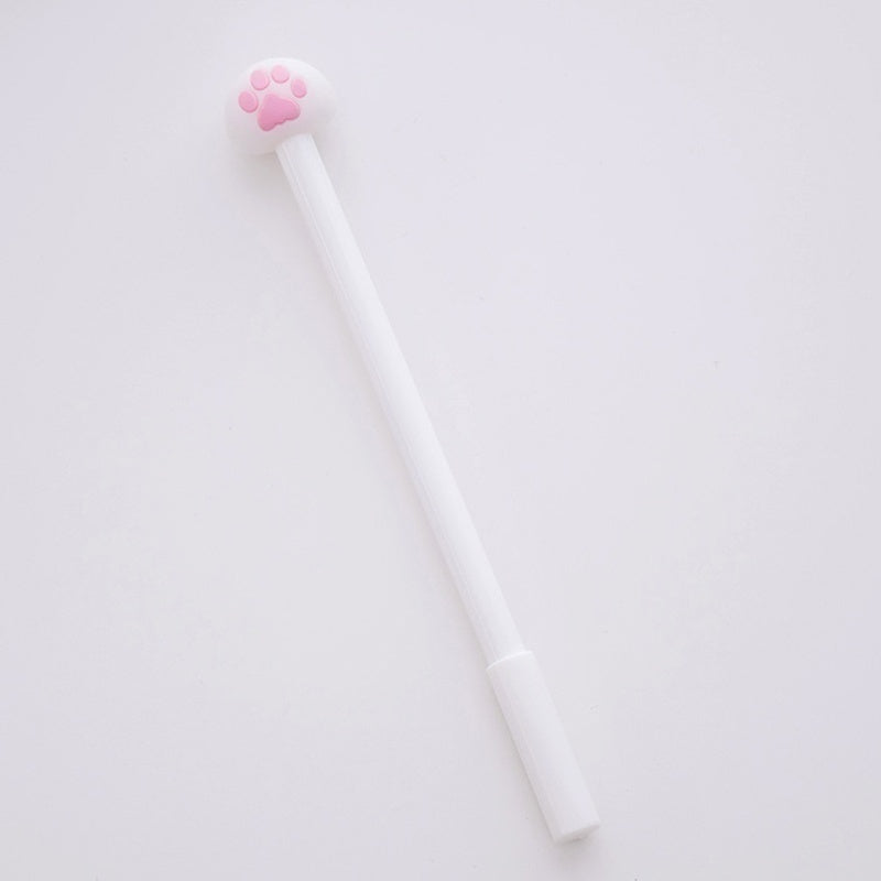 White kawaii cat gel pen with pink paw topper and fine point for black ink