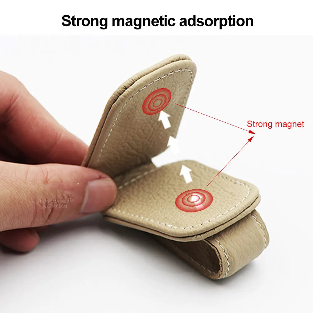 Beige car sunglasses clip holder with secure magnetic closure and stitched edges