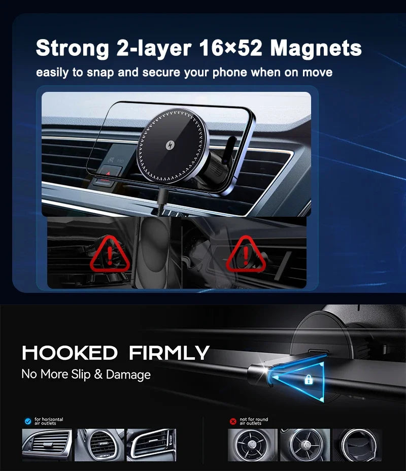 Black magnetic wireless car phone charger mount with vent hook and blue charging ring