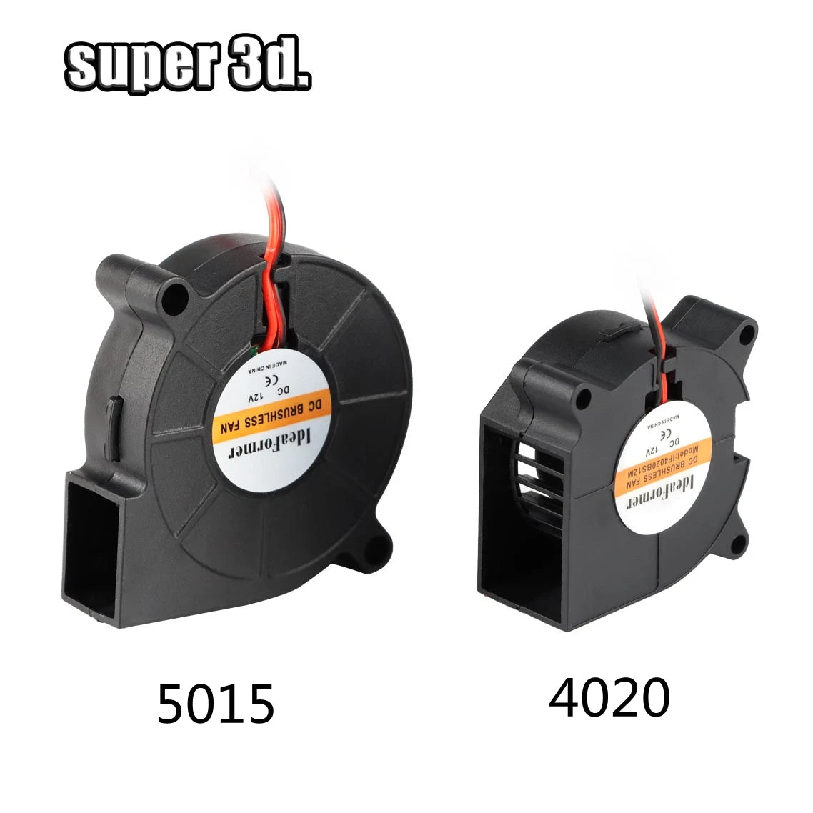 Black DC brushless cooling turbo fan, side view; models labeled 5015 and 4020.