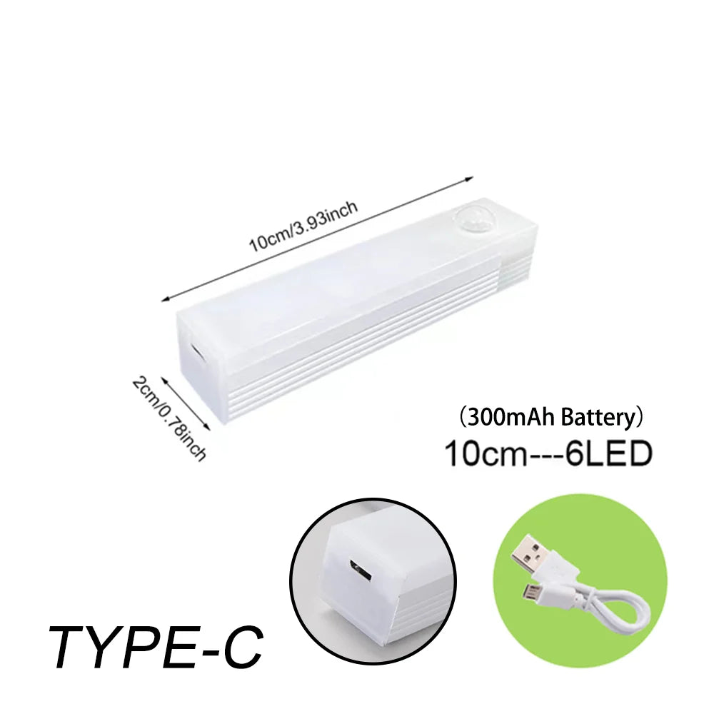 Rechargeable Type-C motion sensor LED night light bar, 10cm, 6 LEDs, white housing.