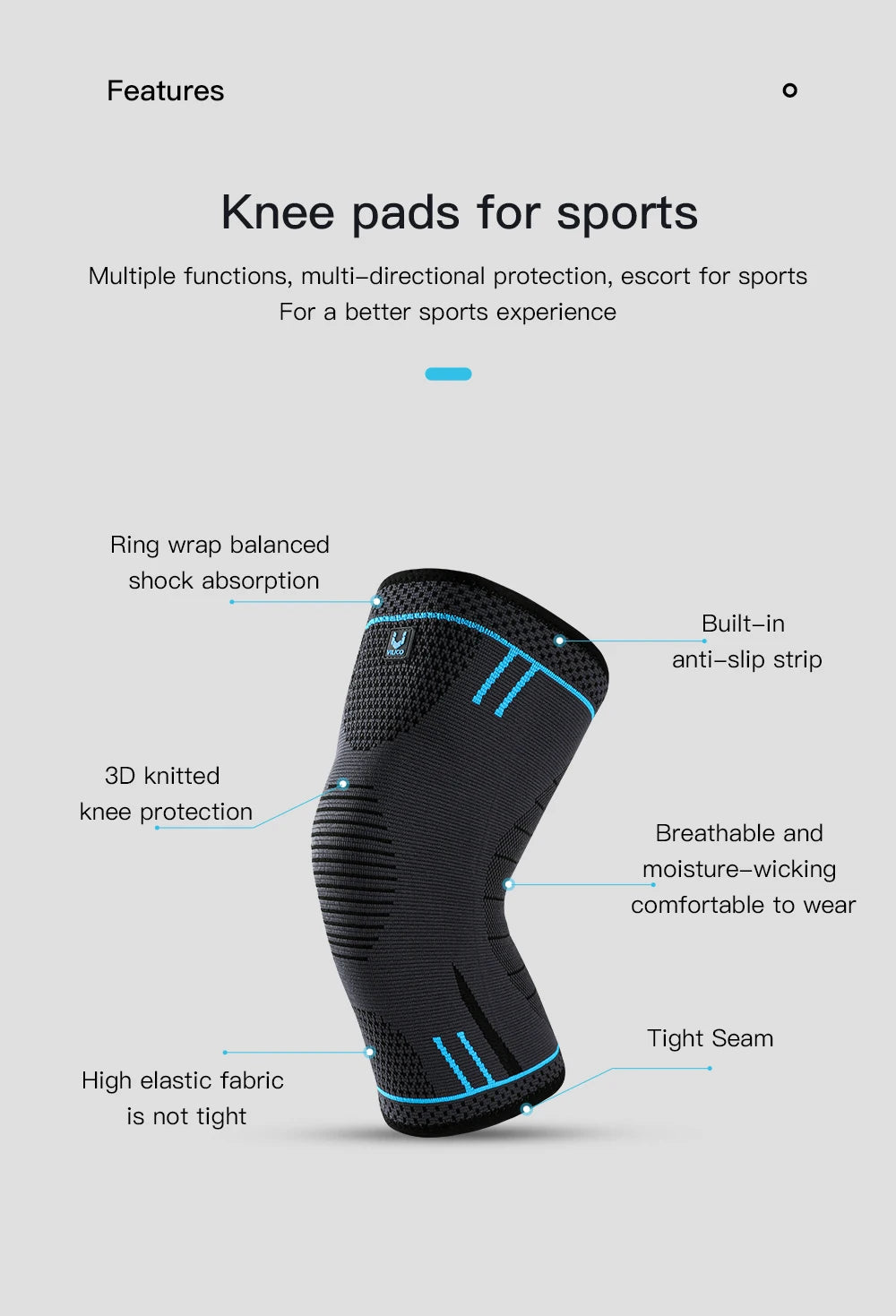 Black compression knee sleeve with blue accents, breathable elastic sports protection