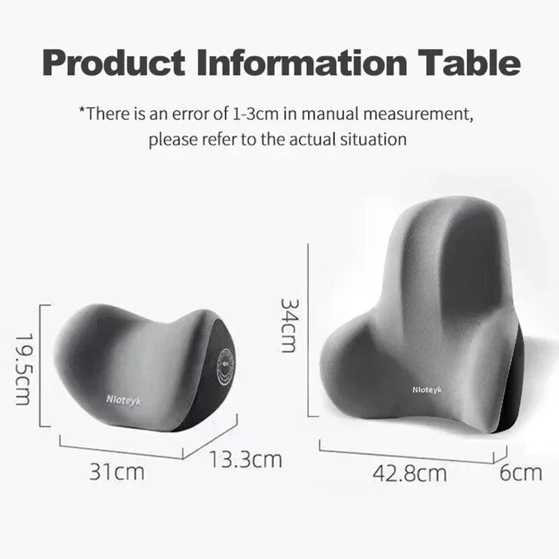 Gray headrest and lumbar support cushions, shown with size dimension lines