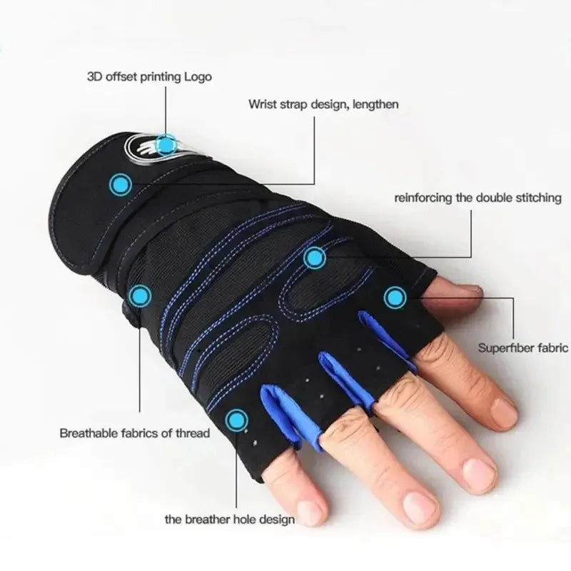 Black lifting gloves with blue trim, double stitching, breathable fabric, and reinforced seams.