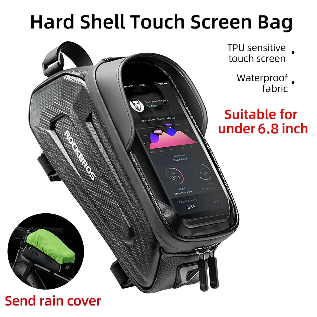 Waterproof hard-shell touch-screen bicycle bag for phones under 6.8 in; rain cover
