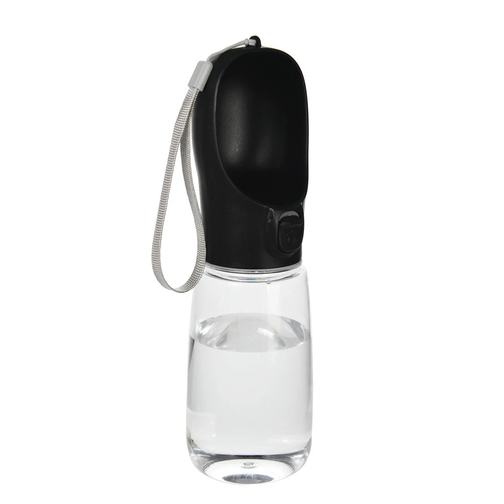 Black portable pet water bottle with carry rope strap and clear water reservoir