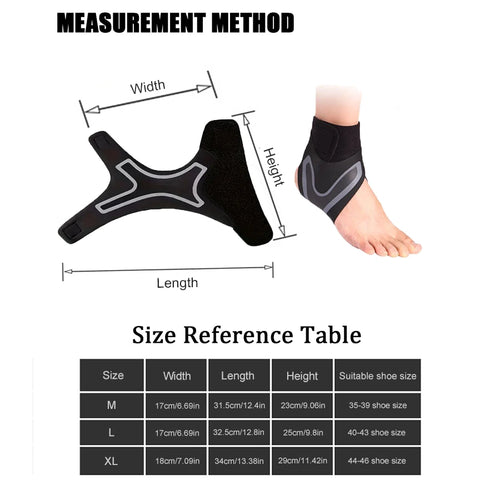 Black ankle brace compression sleeve shown on foot with size guide diagram