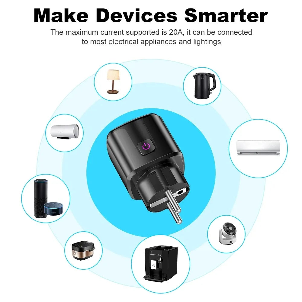 Black Tuya smart WiFi plug with power button, shown with circular compatibility icons