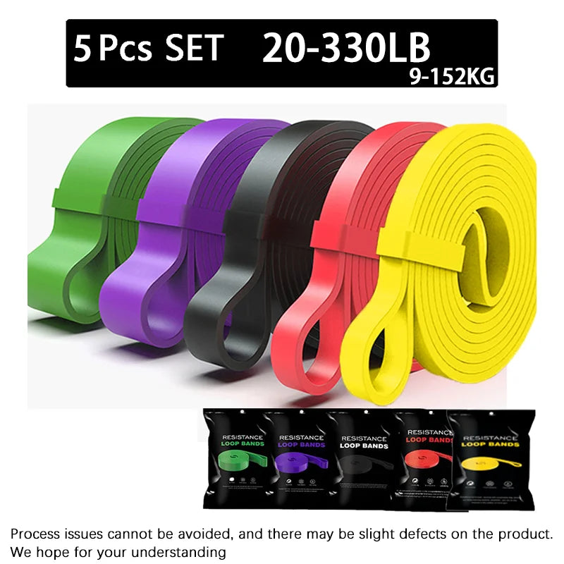 5-piece resistance loop band set with green, purple, black, red, and yellow loops