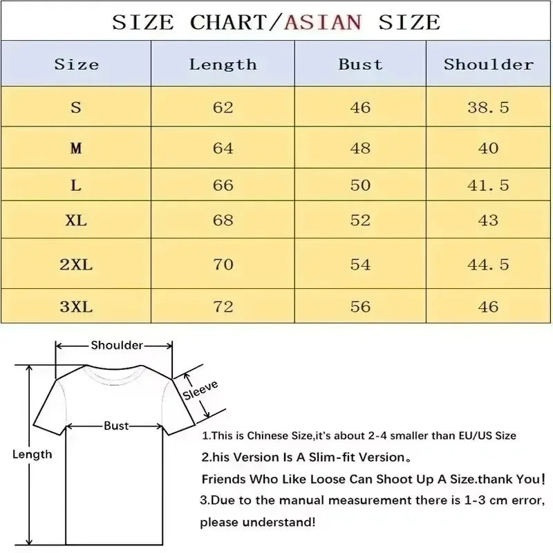 T-shirt size chart table with length, bust, and shoulder measurements