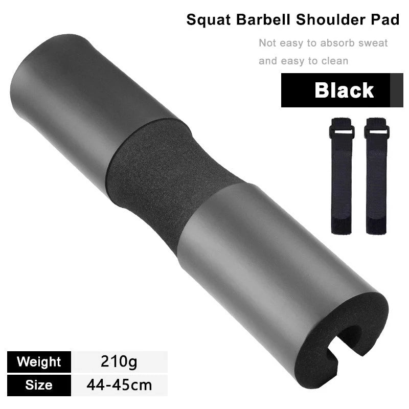 Black barbell squat shoulder pad with foam center and adjustable strap