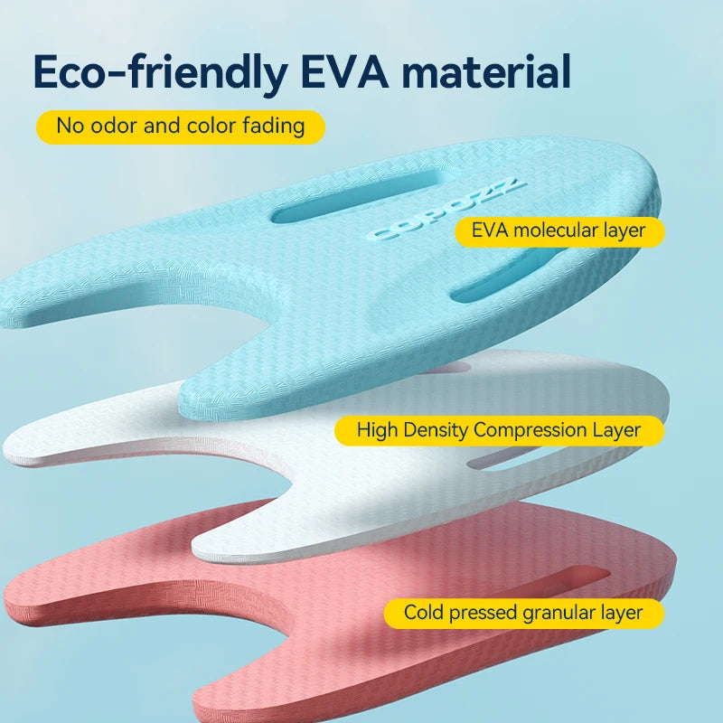 Turquoise EVA swimming float board in side profile with molded hand slots
