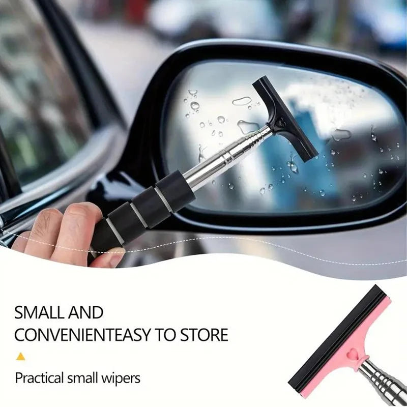 Telescopic rearview mirror scraper with chrome handle and black rubber wiper head