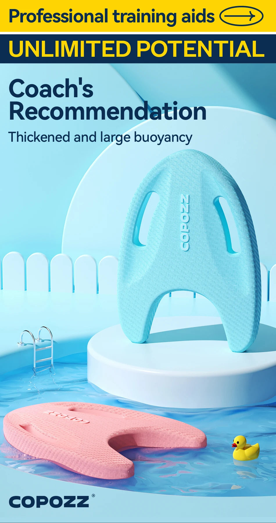 Turquoise EVA swimming float board on a platform, showing side hand openings