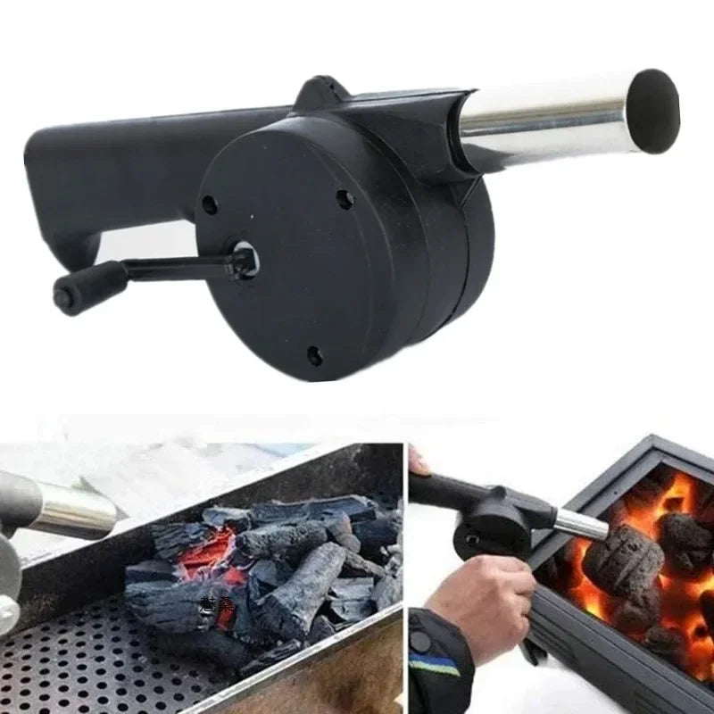 Manual hand-crank BBQ air blower with black housing and silver tube