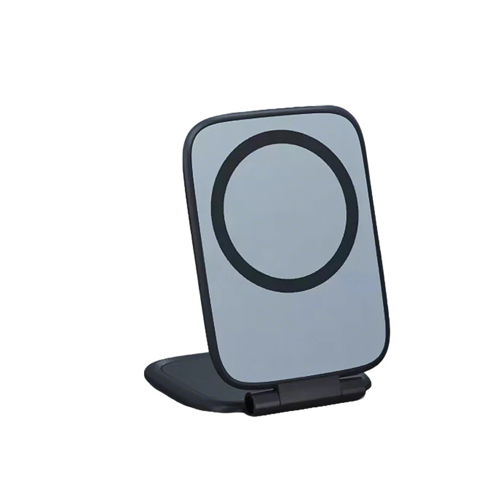 Black upright foldable magnetic phone stand with circular magnet face