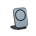 Black upright foldable magnetic phone stand with circular magnet face