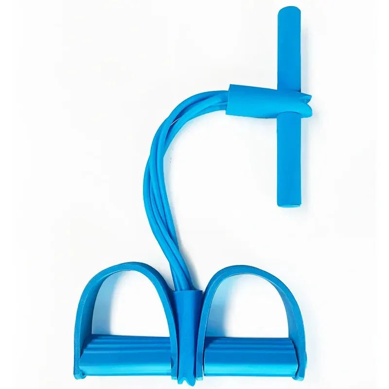 Blue four-tube pedal tensioner with two foot pedals and elastic strap handle