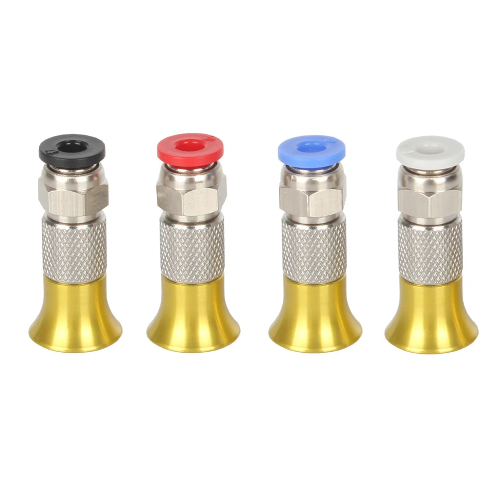 Set of pneumatic connectors with gold bases and colored top caps: black, red, blue, white