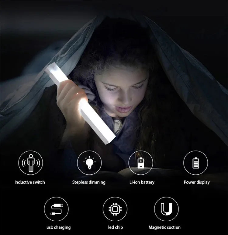 Portable LED motion sensor night light bar with dimming and charging icons