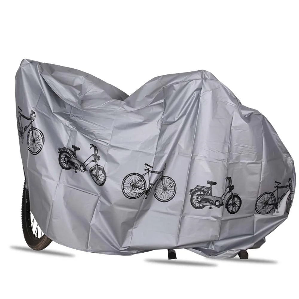 Grey waterproof bicycle cover with bicycle pattern, covers wheels and frame