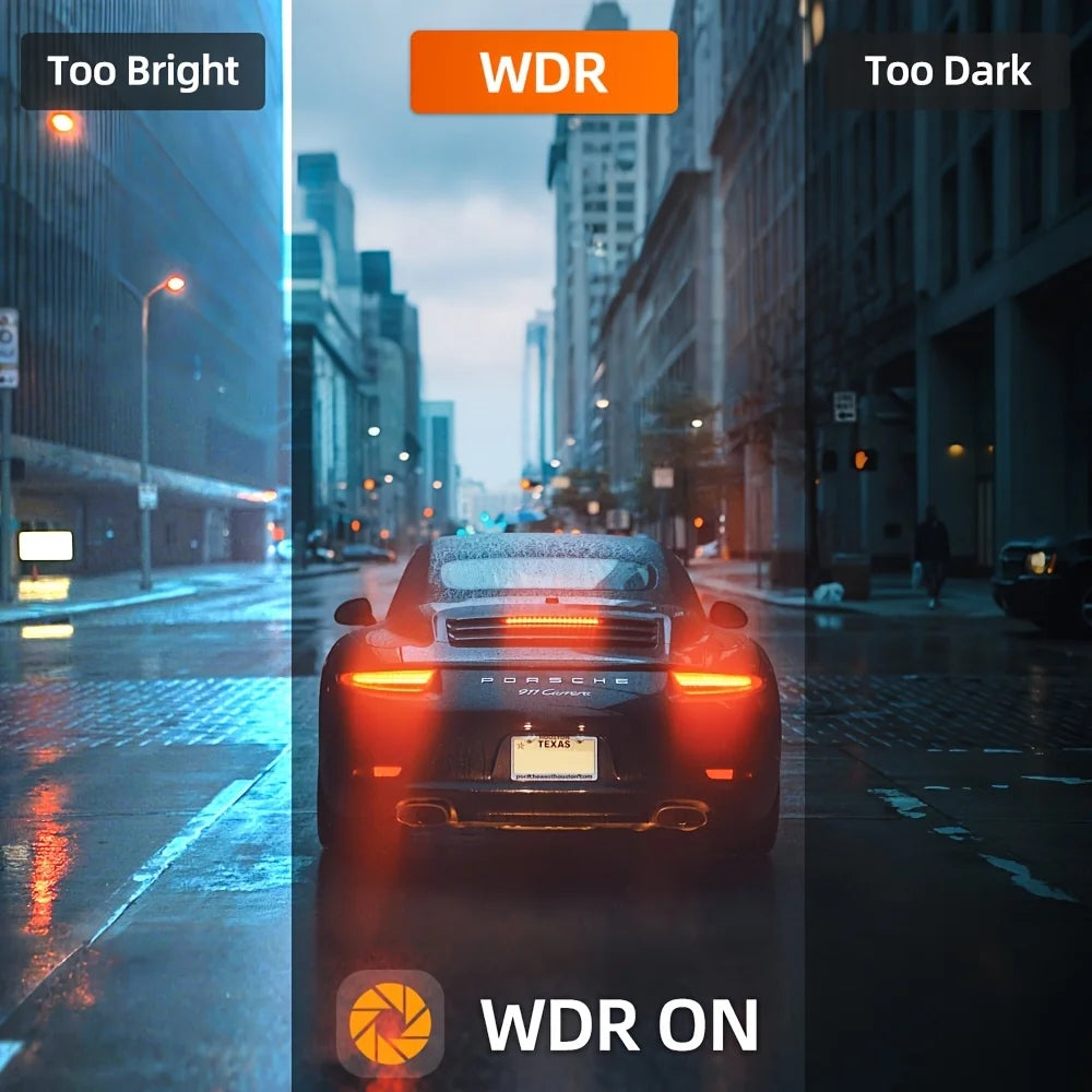 Car dash cam with WDR night recording, red car captured on a city street