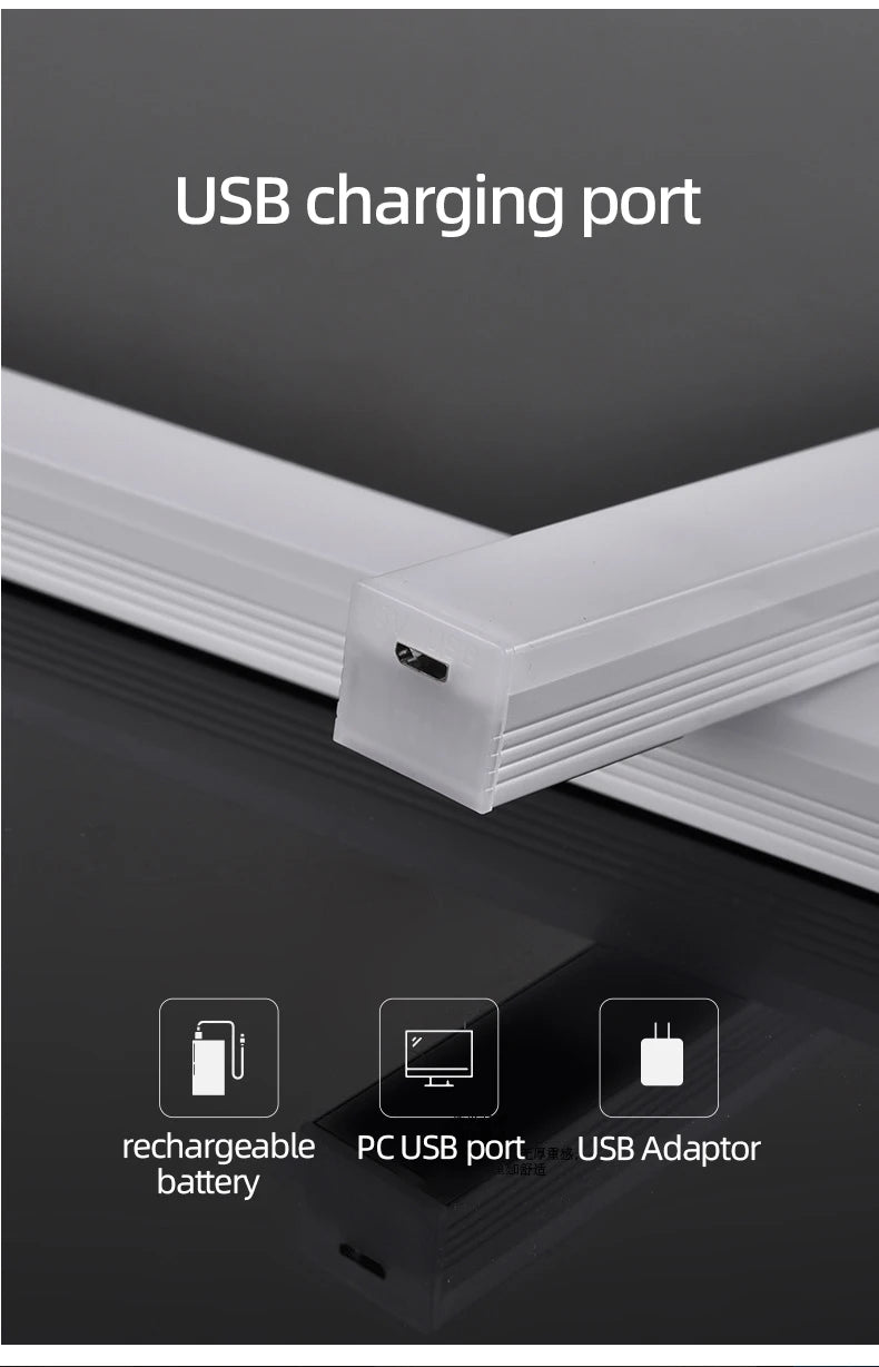 White LED night light bar with USB charging port and rechargeable icons
