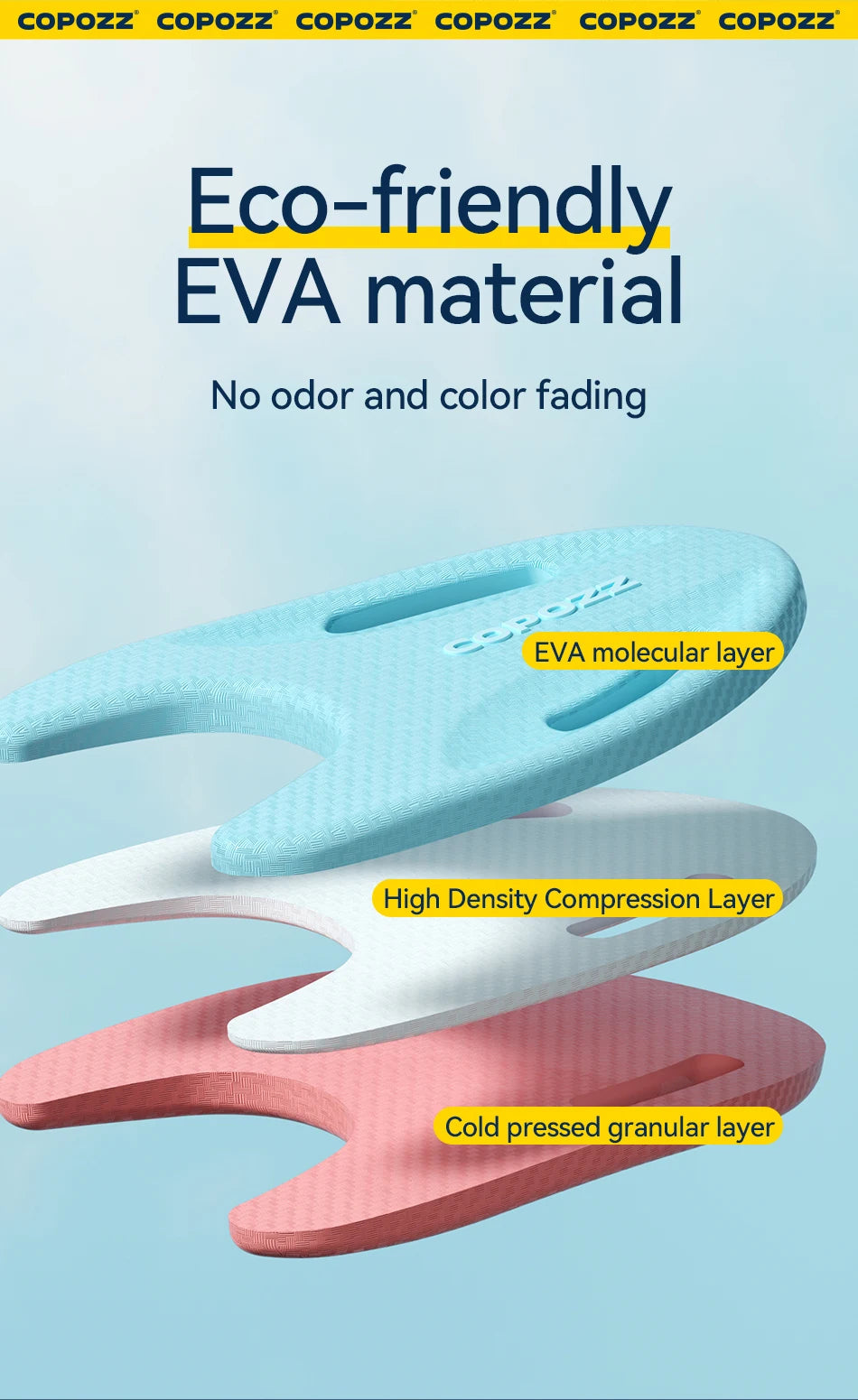 Blue EVA swimming floating board layered construction diagram with compression and granules