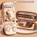 Pink capybara-themed pencil case with brown zipper and molded 3D cartoon design.