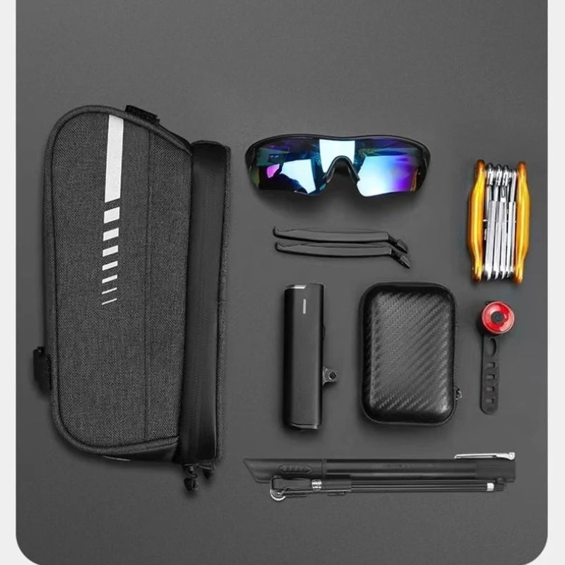 Black bike frame bag kit with phone pouch, tools, small cases, and strap
