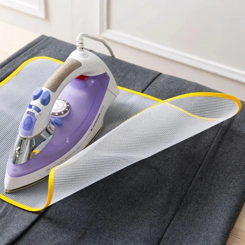 Protective ironing board mat cover, gray mesh with yellow edge trim and mini iron