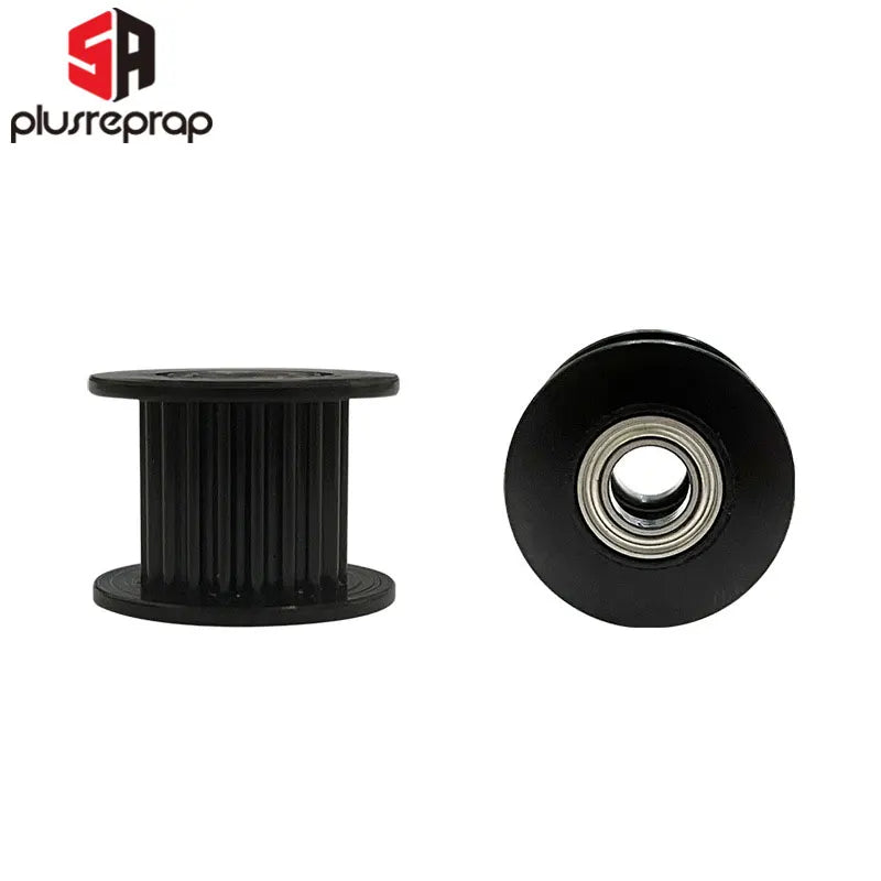 GT2 timing pulleys with bearings, black plastic body, smooth wheel
