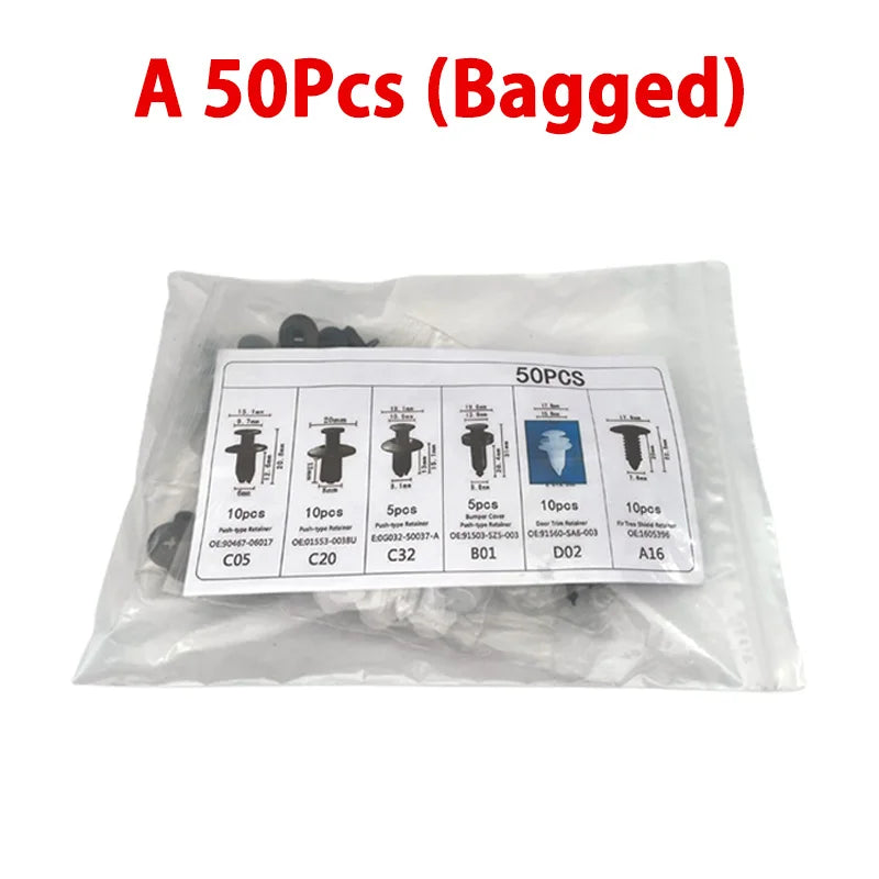 50-pack bagged auto push retainer clip fasteners with assortment card