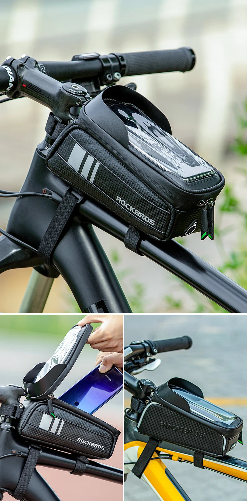 Waterproof bicycle frame bag on handlebars with touch-screen phone compartment
