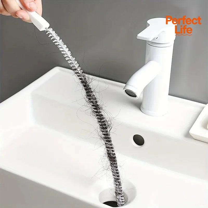 Flexible spiral bristle toilet drain cleaning brush with white handle