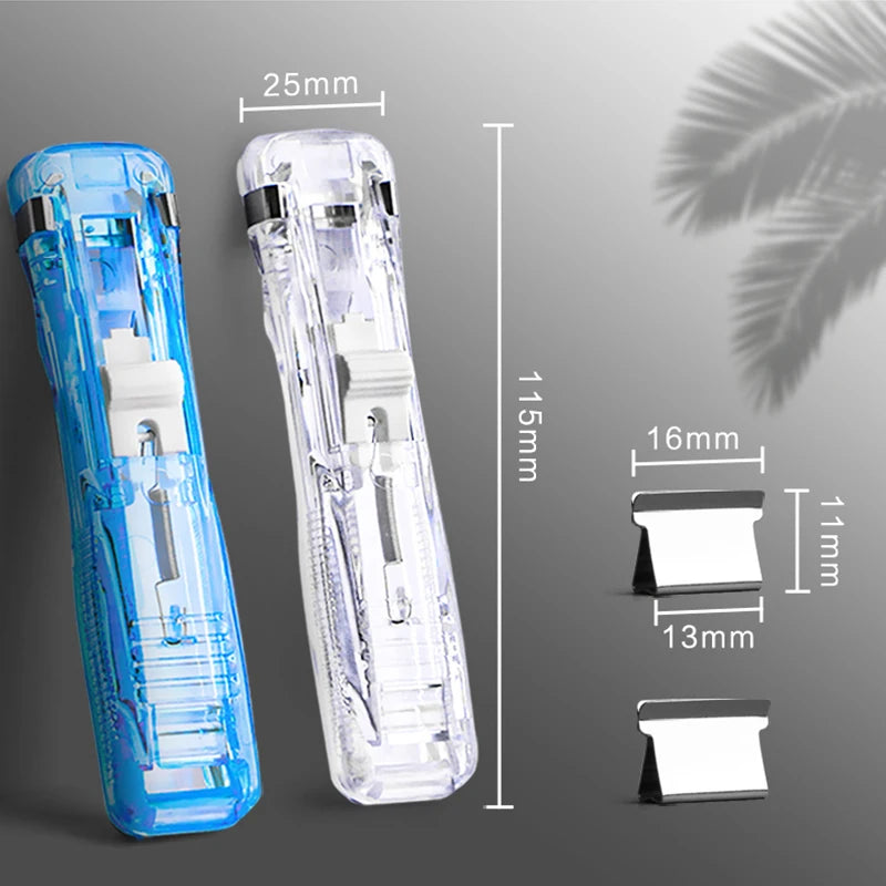Compact reusable push paper stapler clamp, clear and blue models shown with dimensions