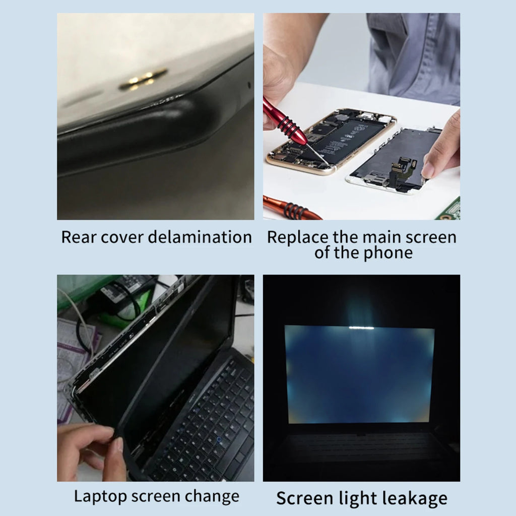 Phone screen repair results: rear cover delamination fix, screen light leakage repair
