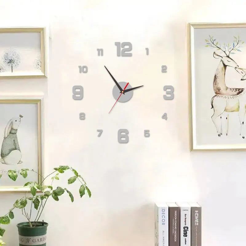 DIY wall clock sticker with metallic-gray numbers, black hands and red second hand on wall.