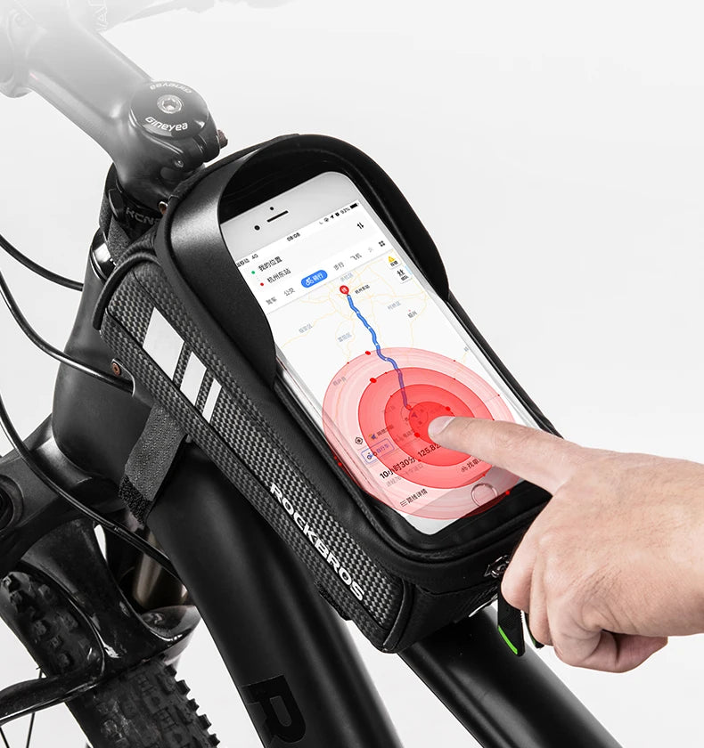 Waterproof bicycle frame bag with touch-screen phone window, hand on zipper