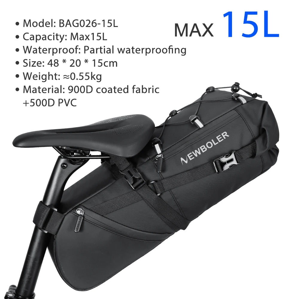 Black waterproof bike saddle bag with thick straps and coated fabric, max 15L