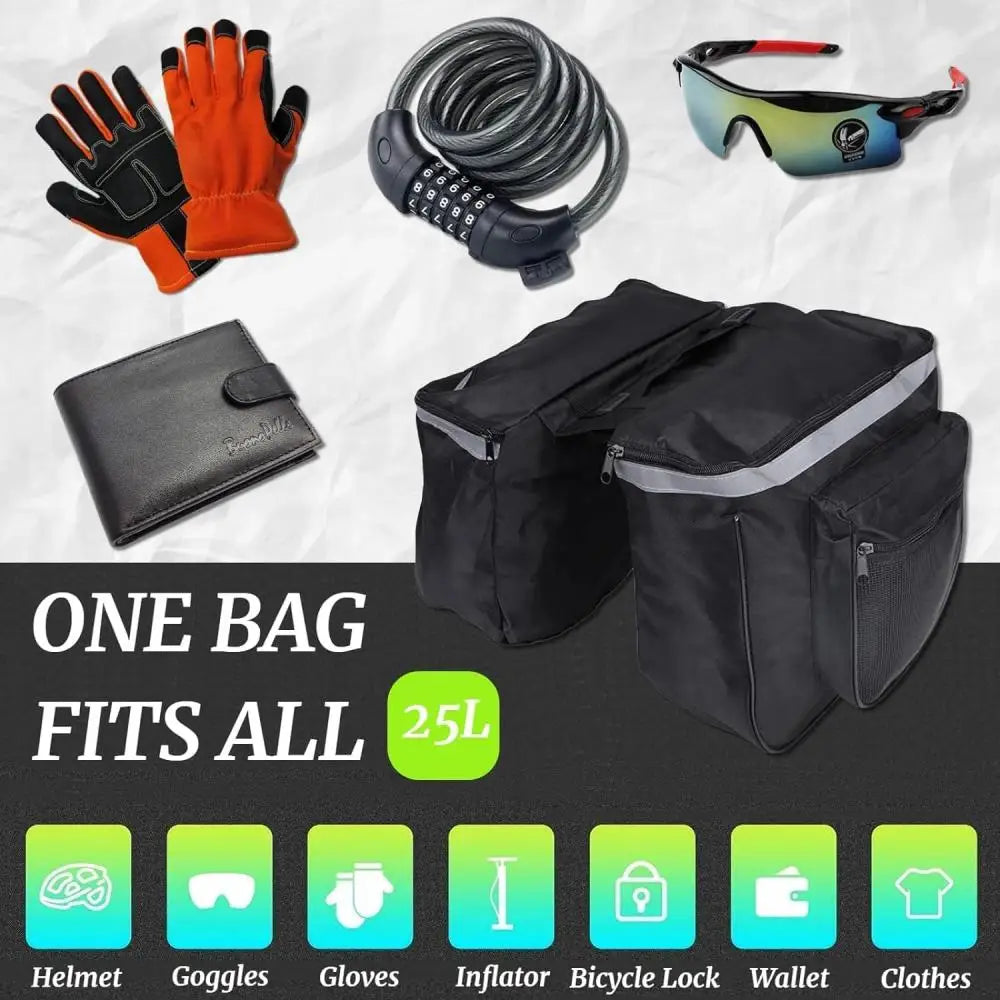 Black 25L bicycle rear seat double pannier bag with accessories, reflective details