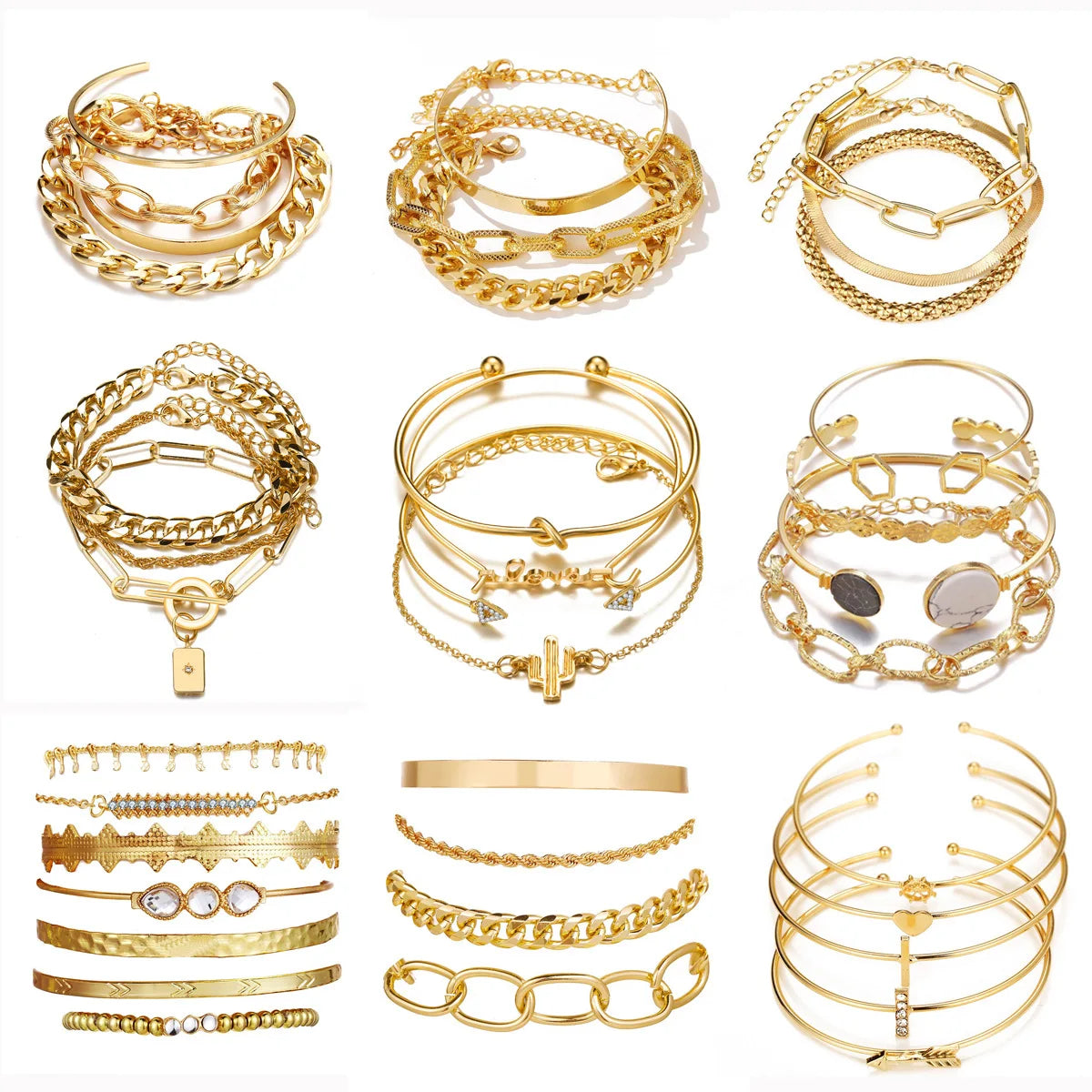 Gold open bangle and chain bracelet set with layered links and small charm details