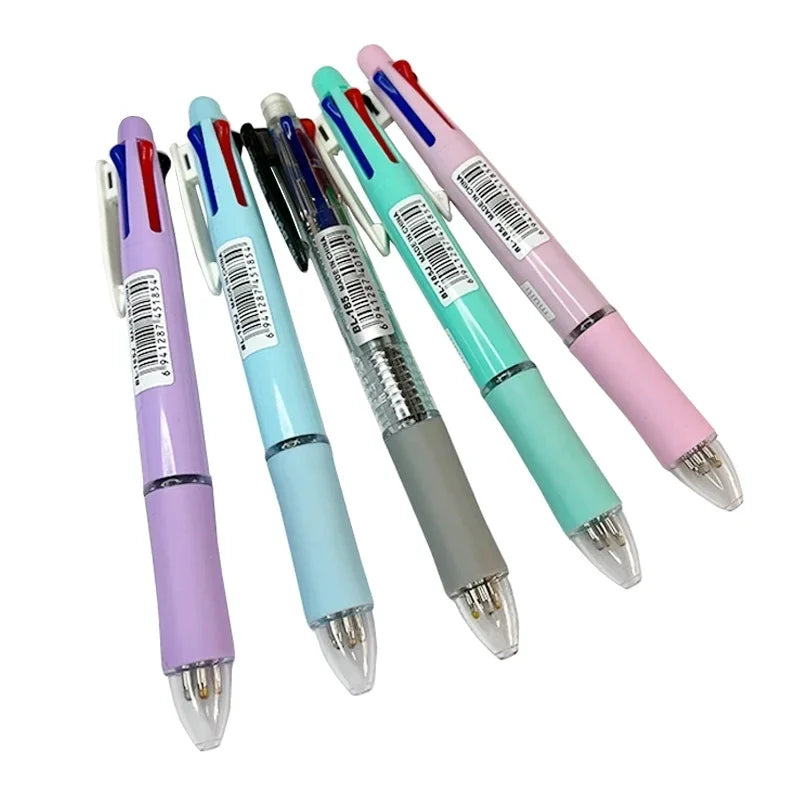 Five multicolor ballpoint pens with colored barrels (purple, pink, blue, teal, mint) and silver tips