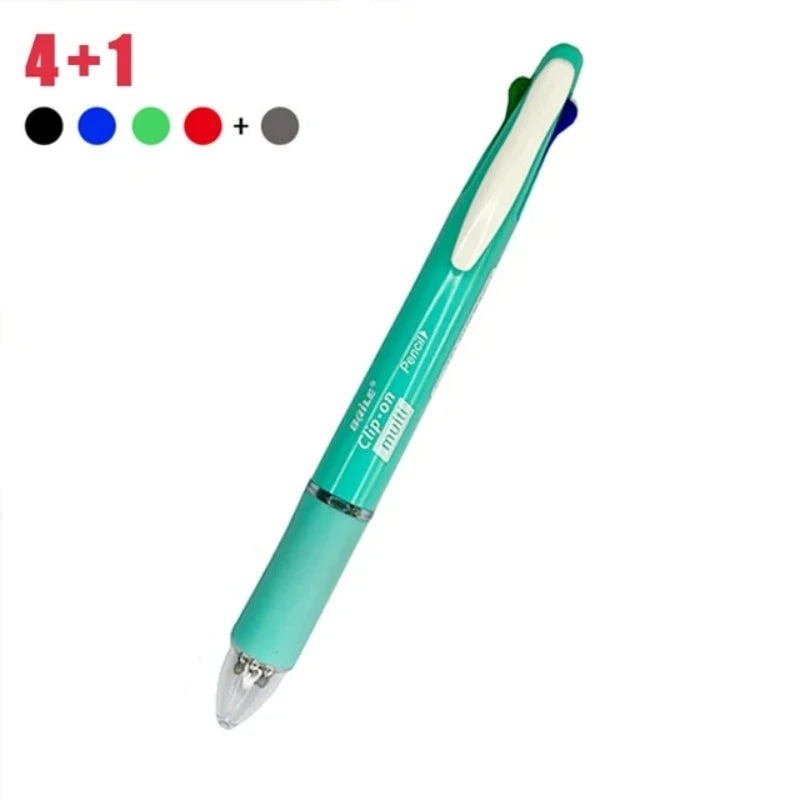 5-in-1 multicolor pen with automatic pencil and eraser, teal green barrel