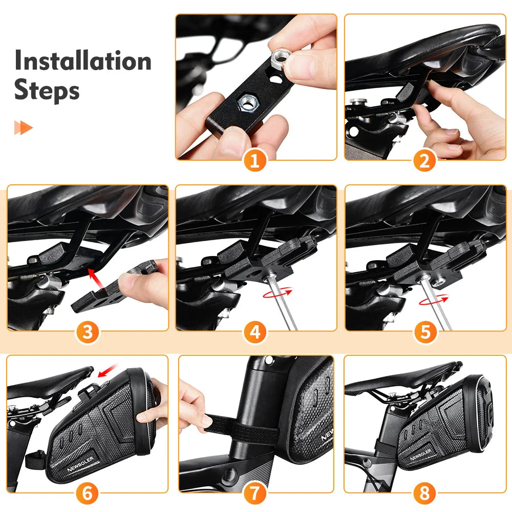 Saddle tool bag installation bracket and straps with quick-release mounting shown