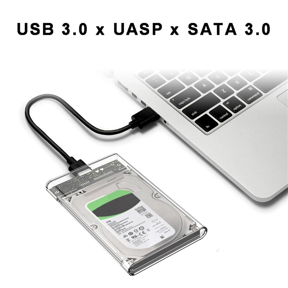 2.5-inch USB 3.0 SATA HDD enclosure case connected to a laptop