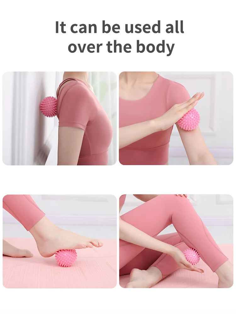 Pink spiked massage fascia ball shown for use on arms, legs, and feet