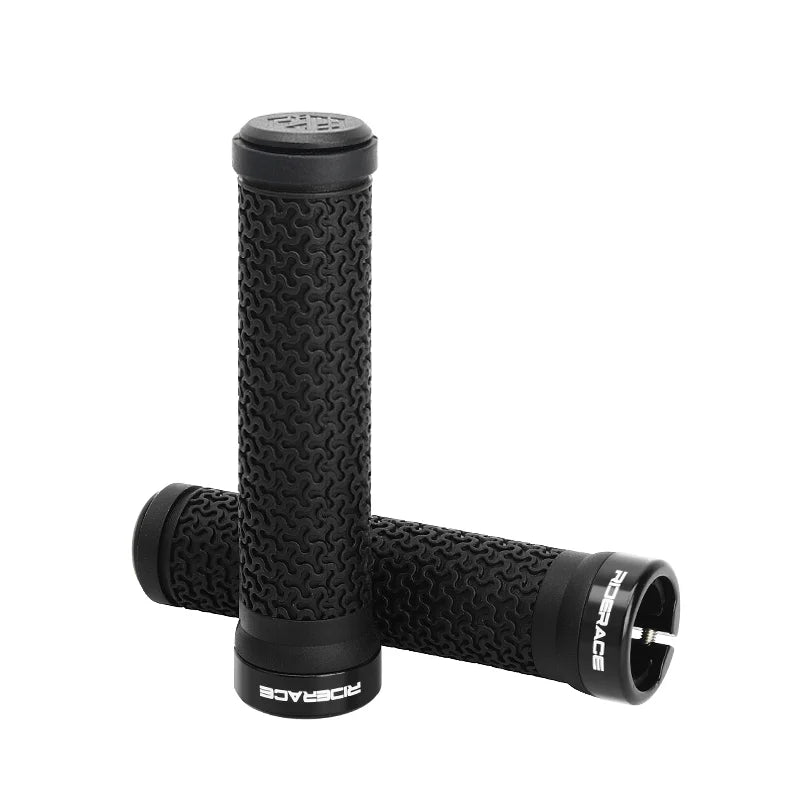 Black rubber bicycle handlebar grips with textured pattern and locking end caps